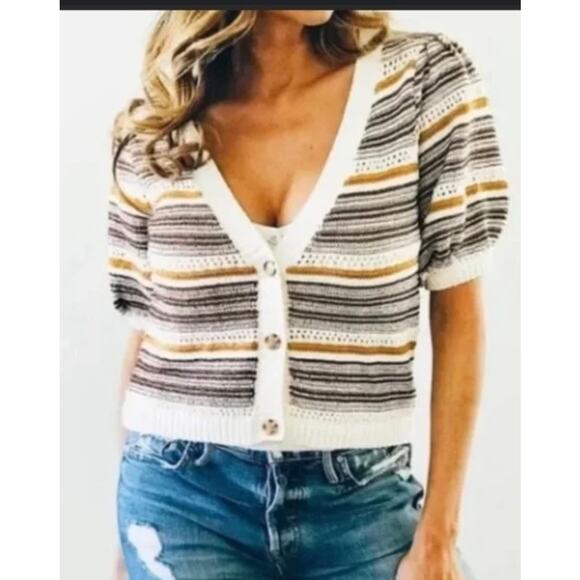 HOUSE OF HARLOW 1960 Crochet Knit striped puff sleeve Crop sweater Cardigan LRG - Picture 1 of 10